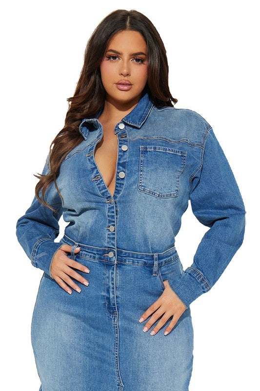 Stylish Long Sleeve Denim Maxi Dress with Cut Off Front